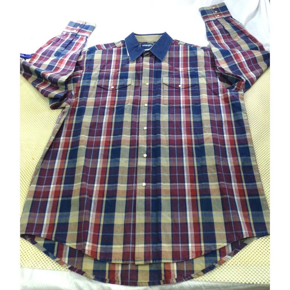NWT Wrangler Gold Buckle Mens Western Plaid Button-Down Shirt Size 36 100% Cotto